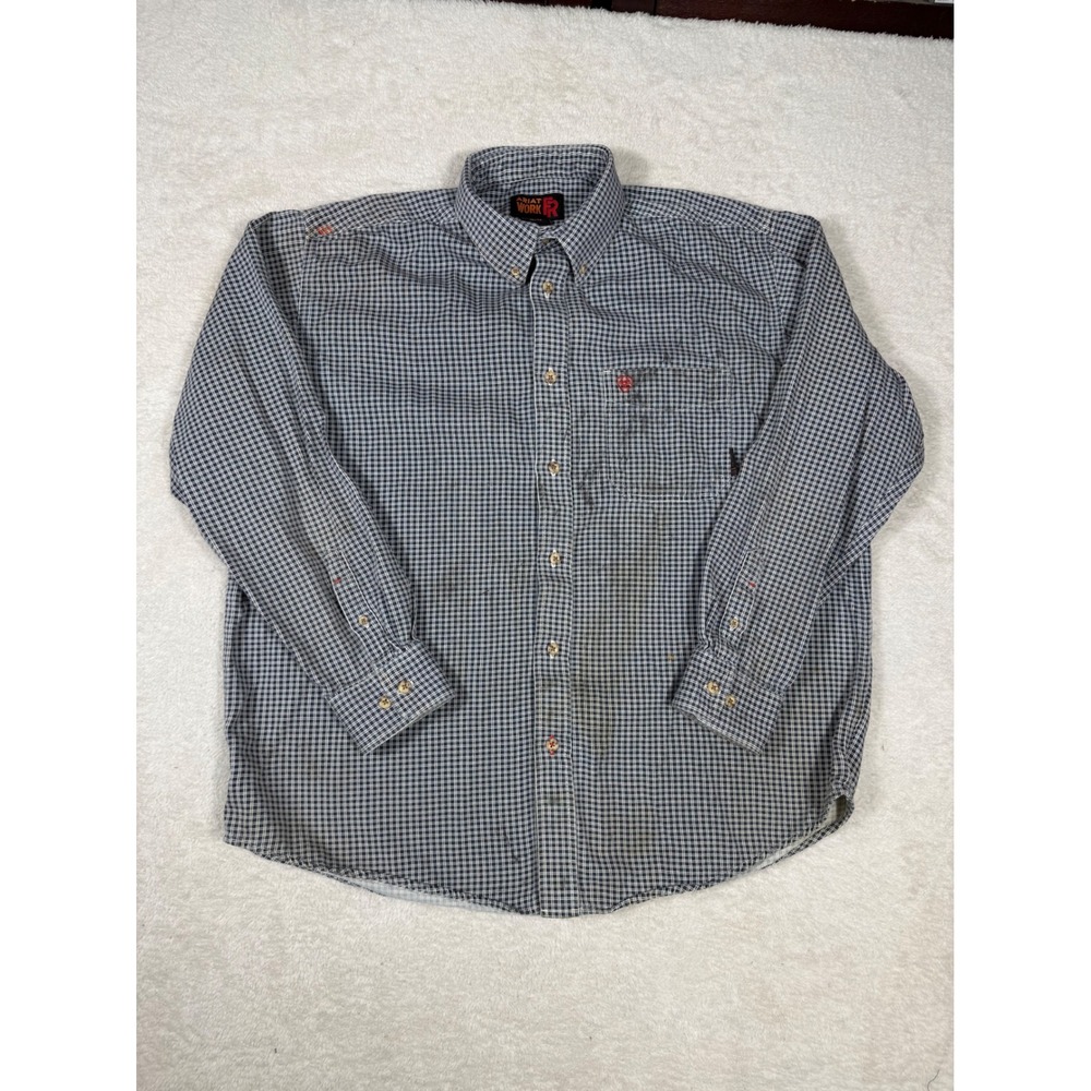 Ariat Work FR Shirt Mens XL Navy White Grid Flame Resistant CAT 2 Button Down
